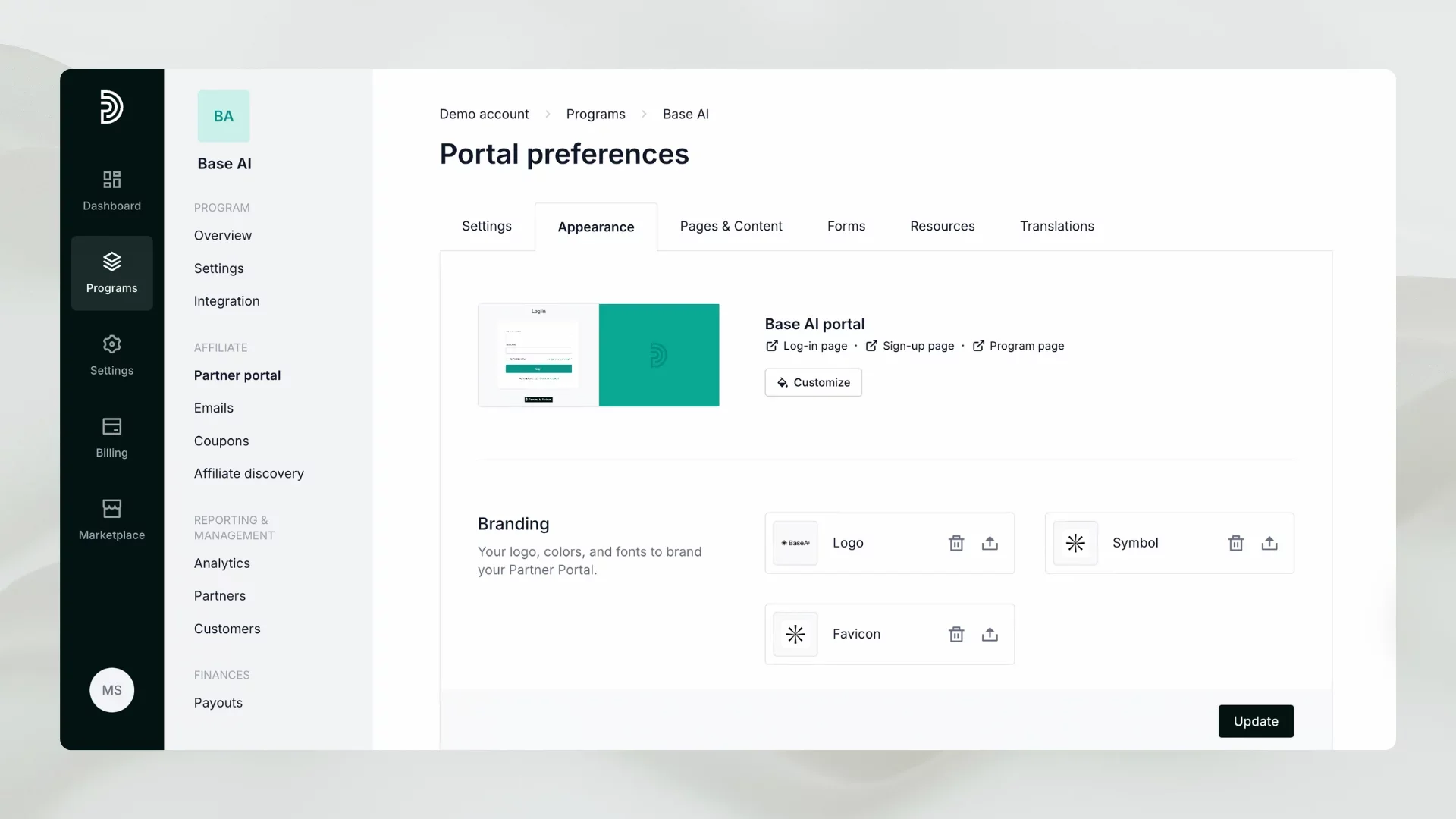 partner portal settings on Partnero